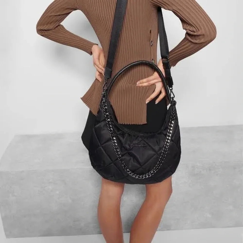 MZ Wallace Quilted Black Nylon Hobo with Silver Chain Accent